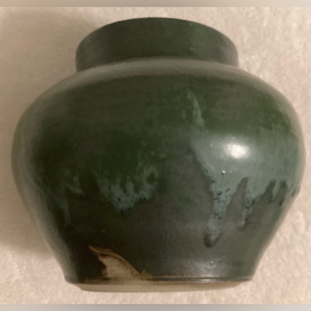 Studio Art Clay Pottery Jar Vase Green Drip Glaze Signed